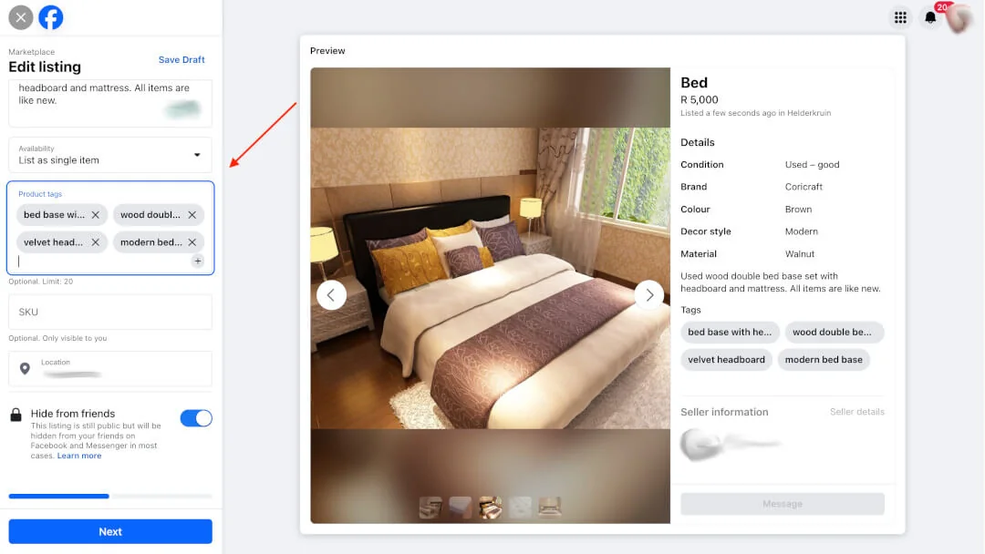 Facebook Marketplace listing form with product tags, location, and the 'Hide from friends' toggle.