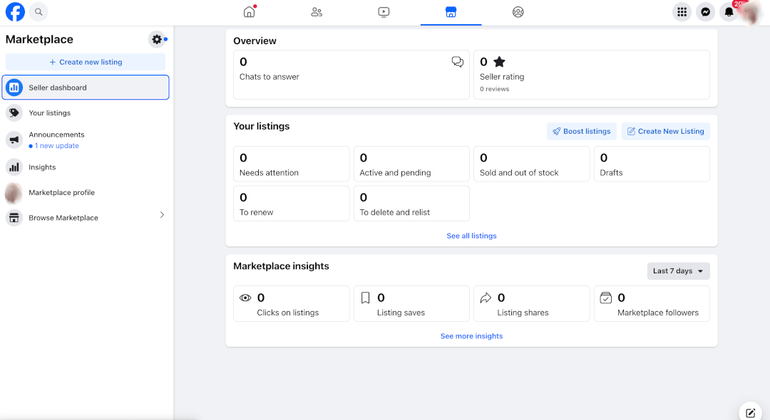 Facebook Marketplace Seller dashboard with an overview, your listings, and Marketplace insights, plus the menu on the left.