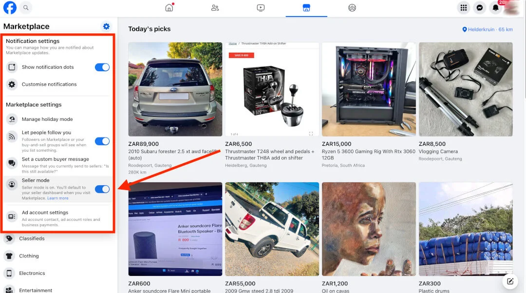 Facebook Marketplace settings menu with the 'Seller mode' toggle switched on.