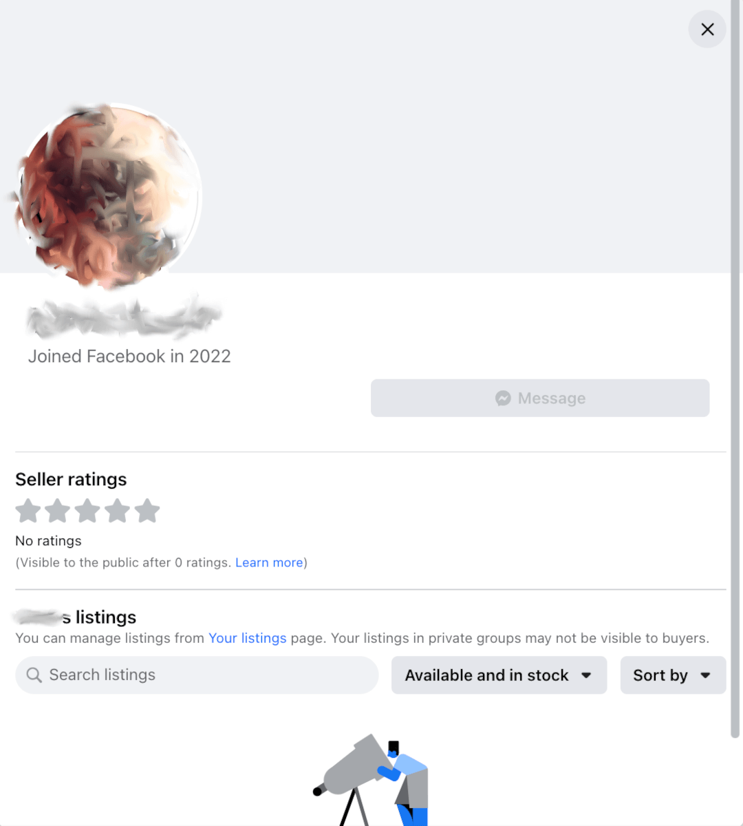 Facebook Marketplace profile as buyers see it, with seller ratings and listings.