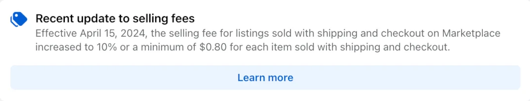 Meta notice: from April 15, 2024, Marketplace fees for listings with shipping and checkout rose to 10% or $0.80 per item.