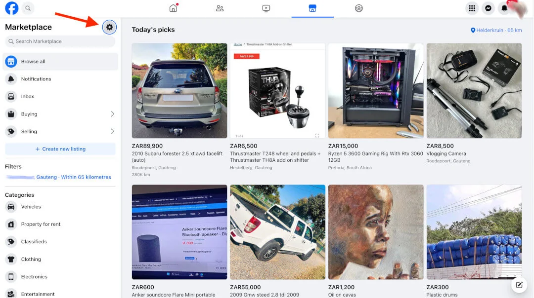 Facebook Marketplace main page with an arrow pointing to the settings cog icon.