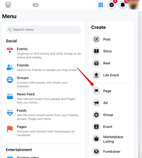 Facebook menu with an arrow pointing to 'Page' under Create, for adding another business Page.