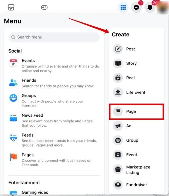 Facebook menu with 'Page' highlighted under Create.
