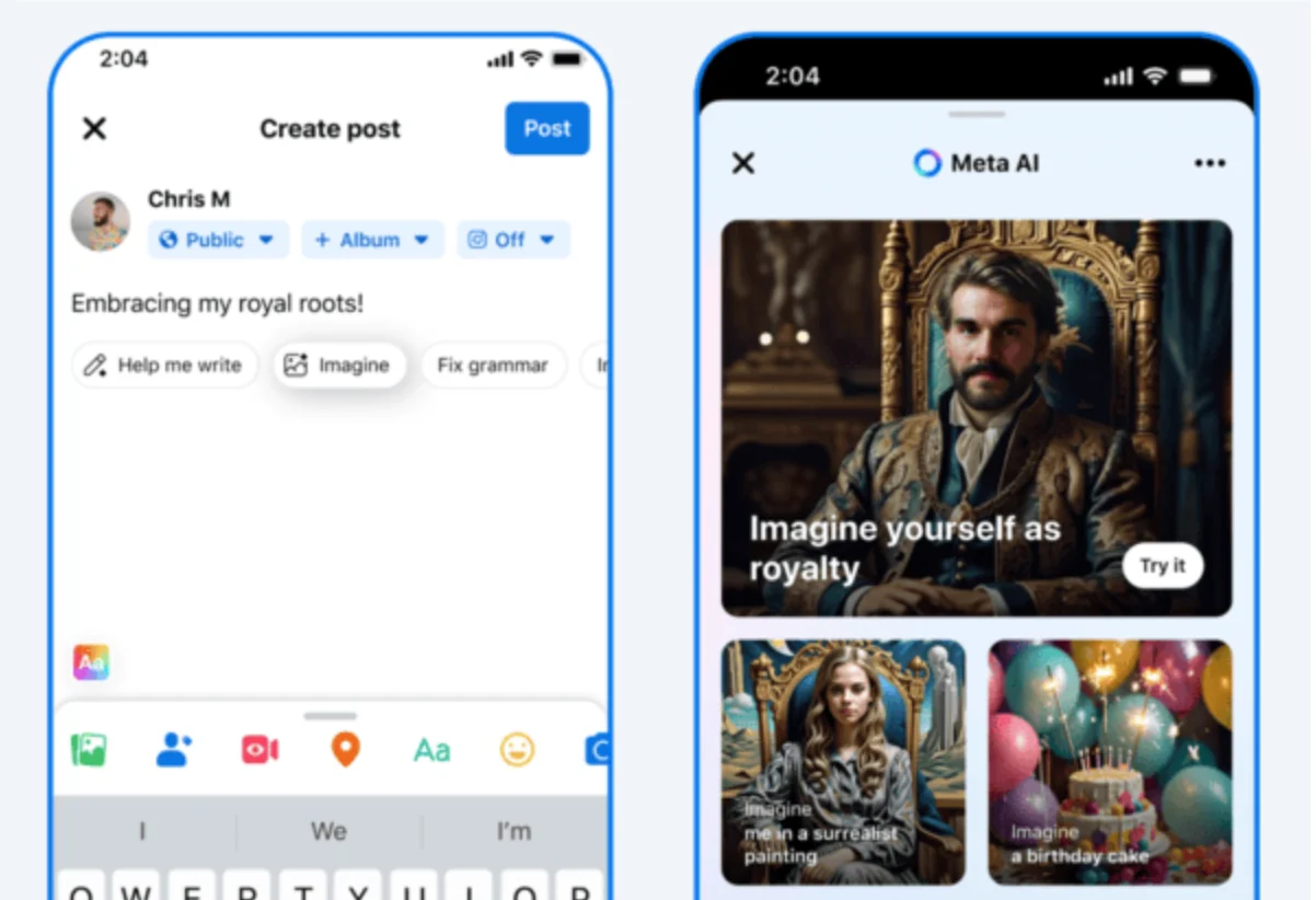 Facebook Create post screen with Meta AI options like 'Help me write' and 'Imagine', plus AI-generated images