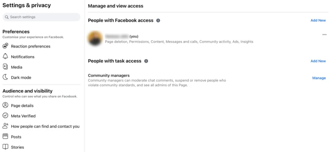 Facebook Page access settings, with 'Add New' buttons for people with full Facebook access and people with task access.