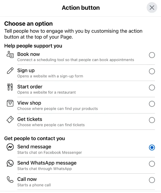 Facebook Page action button options, from 'Book now' and 'Sign up' to 'Send message' and 'Call now'.