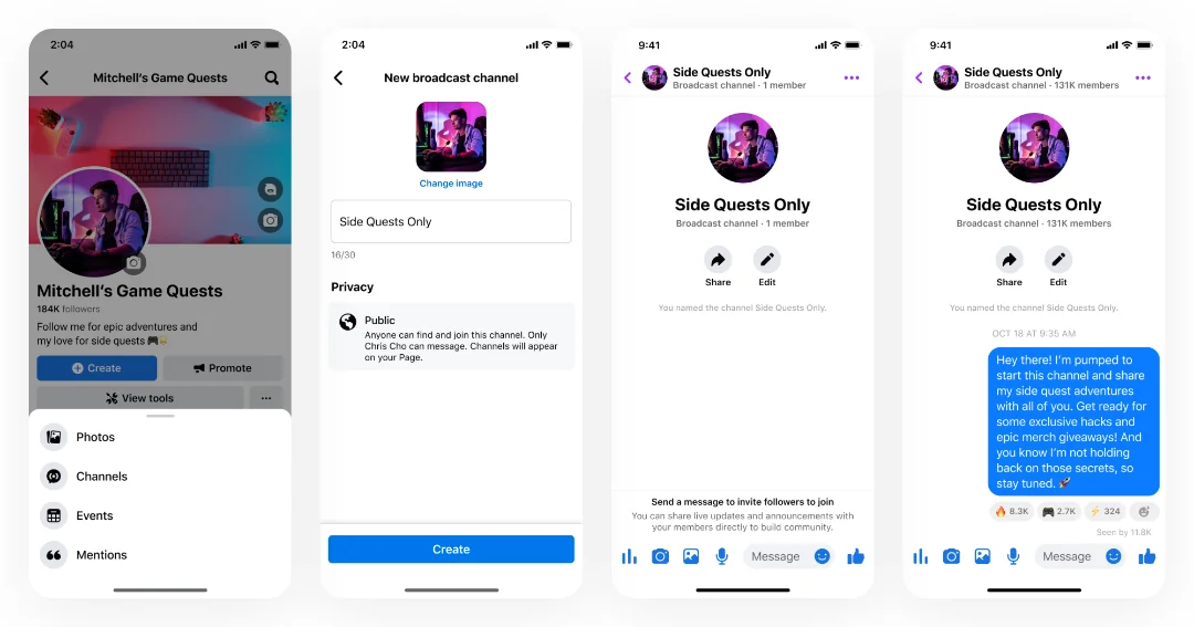 Facebook Page creating a broadcast channel, from naming it to posting the first message to members