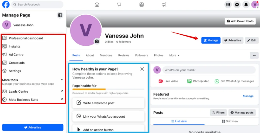 New Facebook business Page with the management menu, Page health checklist, and 'Manage' button highlighted.