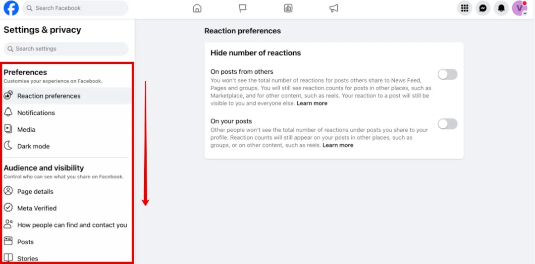 Facebook Page 'Settings & privacy' menu, with an arrow showing how to work down it from top to bottom.