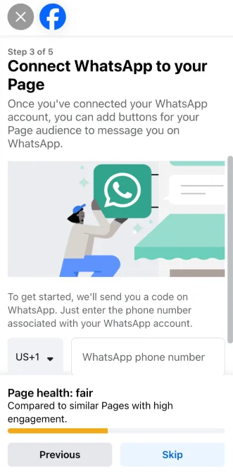 Facebook Page setup step for connecting WhatsApp by entering your WhatsApp phone number.