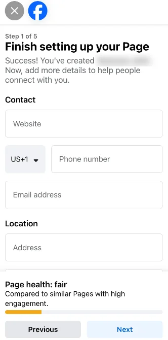 Facebook Page setup step for adding a website, phone number, email address, and location.