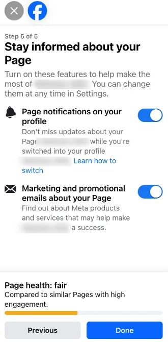 Final Facebook Page setup step with toggles for Page notifications and marketing emails.