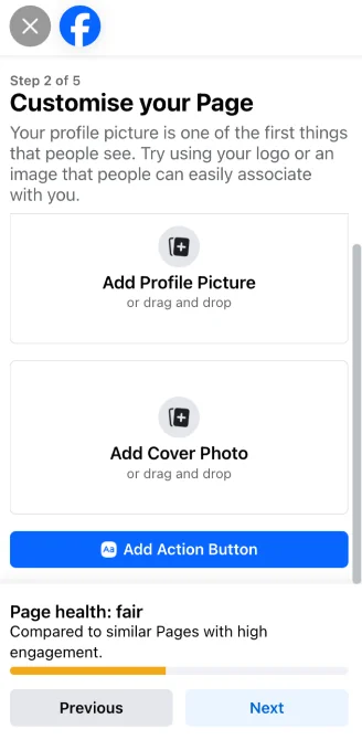 Facebook Page setup step for adding a profile picture, cover photo, and action button.