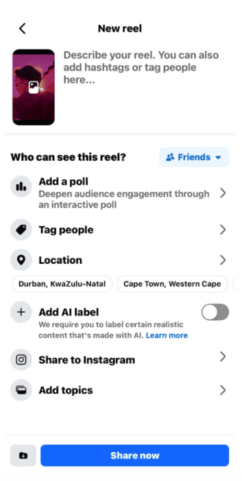 Facebook reels - add description on mobile