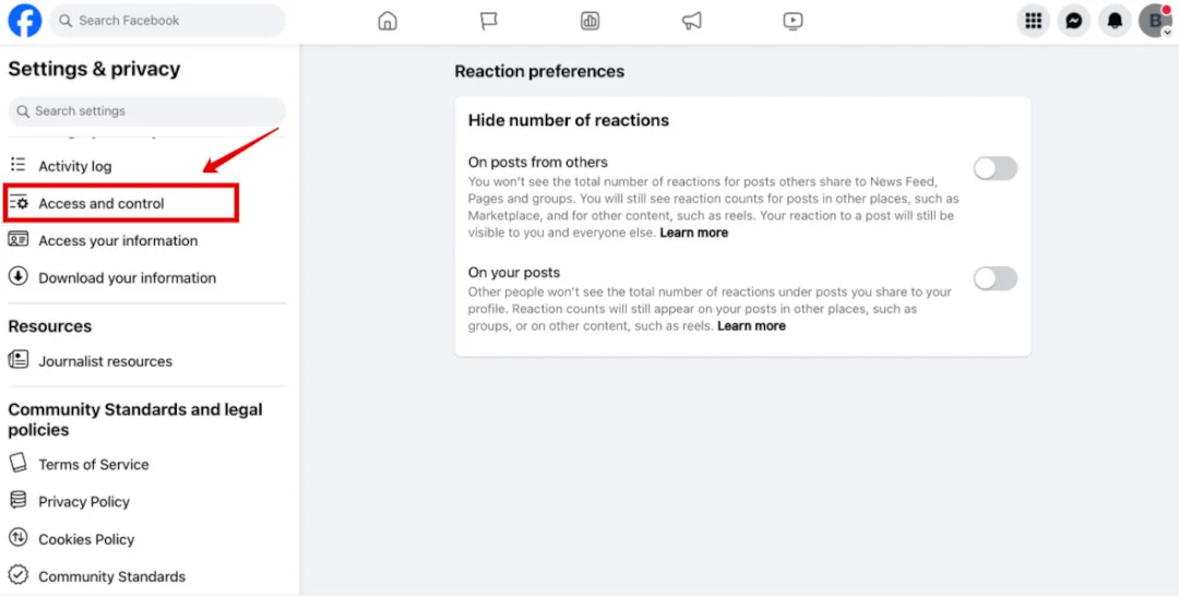 'Access and control' highlighted in the Facebook Page 'Settings & privacy' menu.
