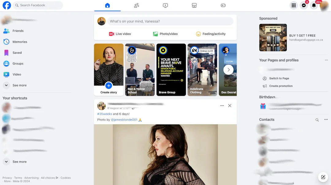 Facebook home feed with the Stories row shown above the newsfeed posts.