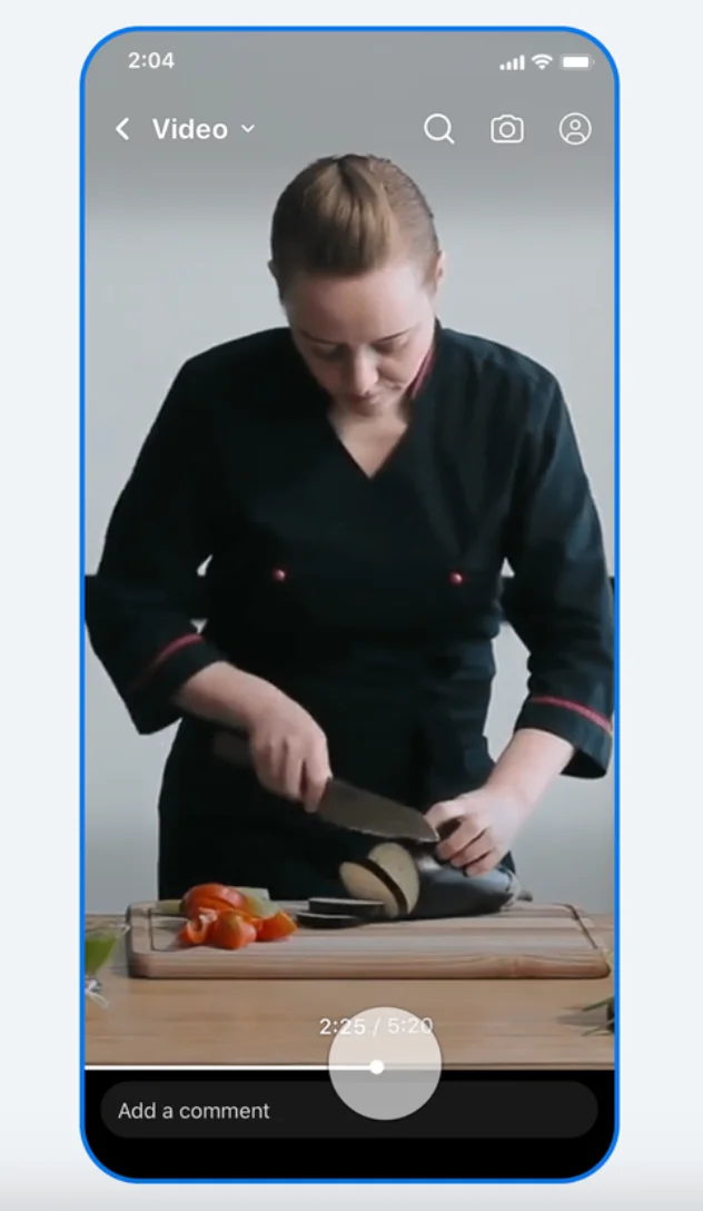 Facebook's updated full-screen video player with a slider for skipping to any part of the video