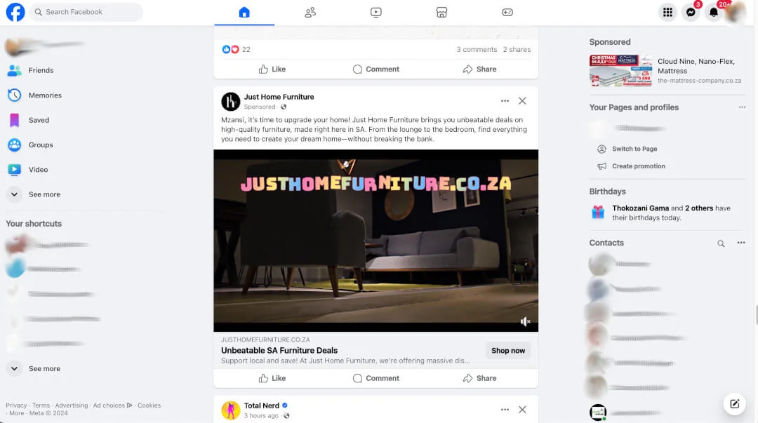 Just Home Furniture landscape video ad playing in the Facebook newsfeed.
