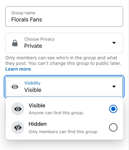 Facebook group visibility settings