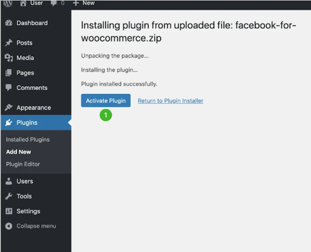 Facebook for WooCommerce - activate plugin