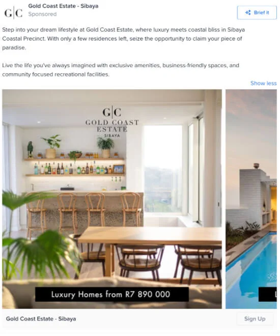 Gold Coast Estate carousel Facebook ad showing luxury home interiors and a pool, stressing few residences left