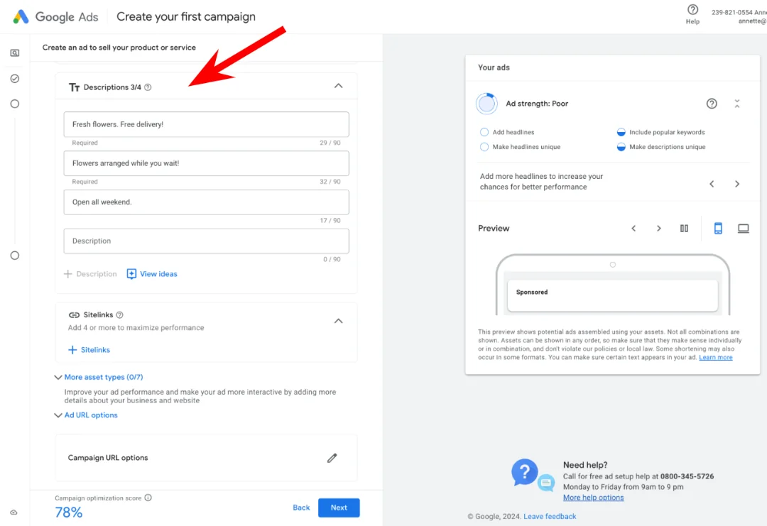 Google ads campaign - add description