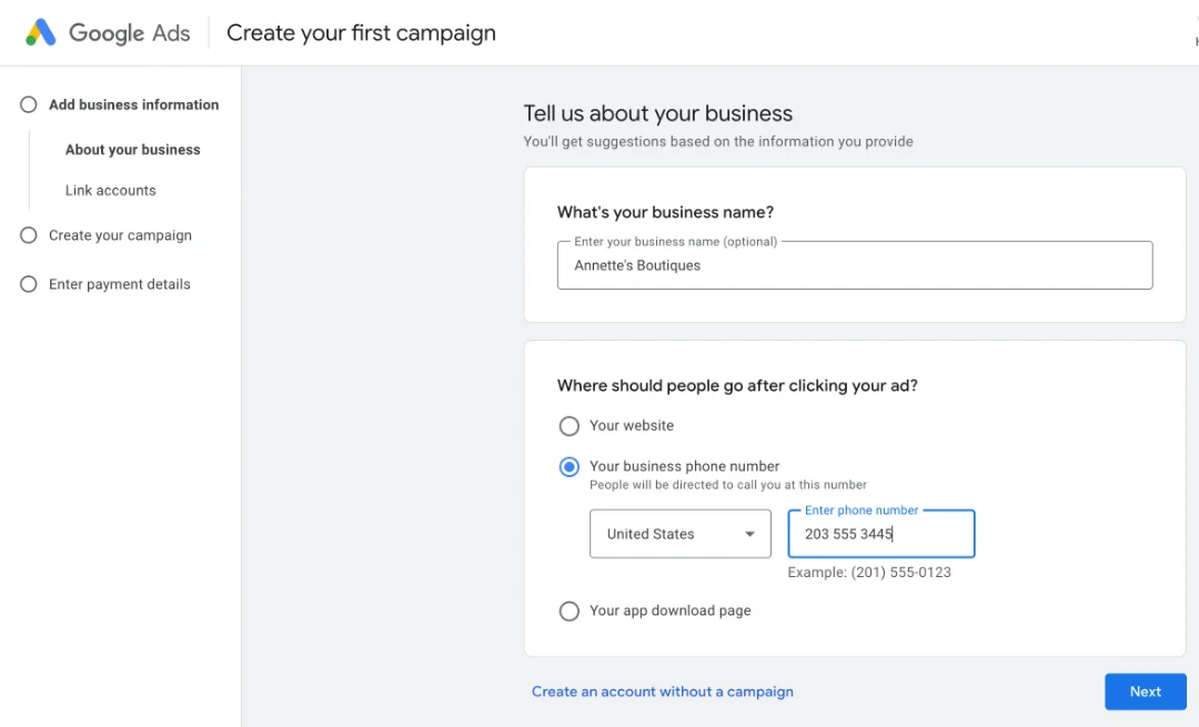 Google ads campaign- business details