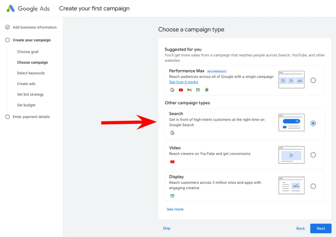 Google ads campaign - choose ad type