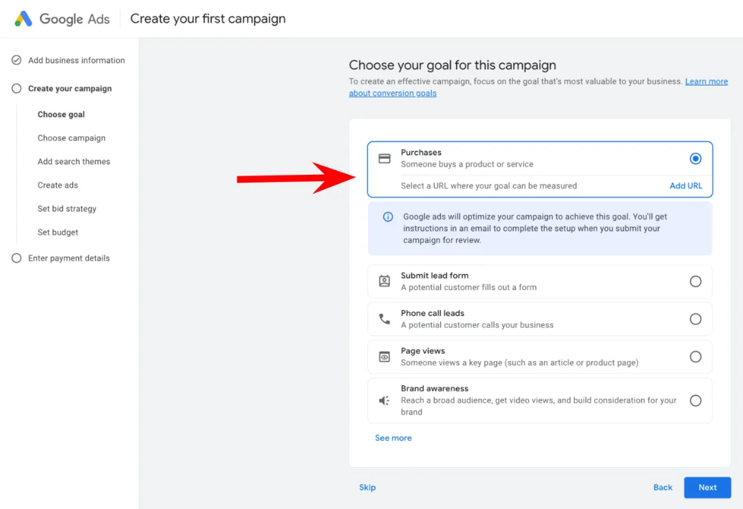 Google ads campaign - choose goal