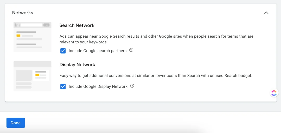 Google ads campaign - choose Network