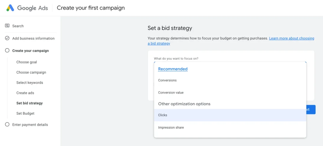Google ads campaign - focus on clicks