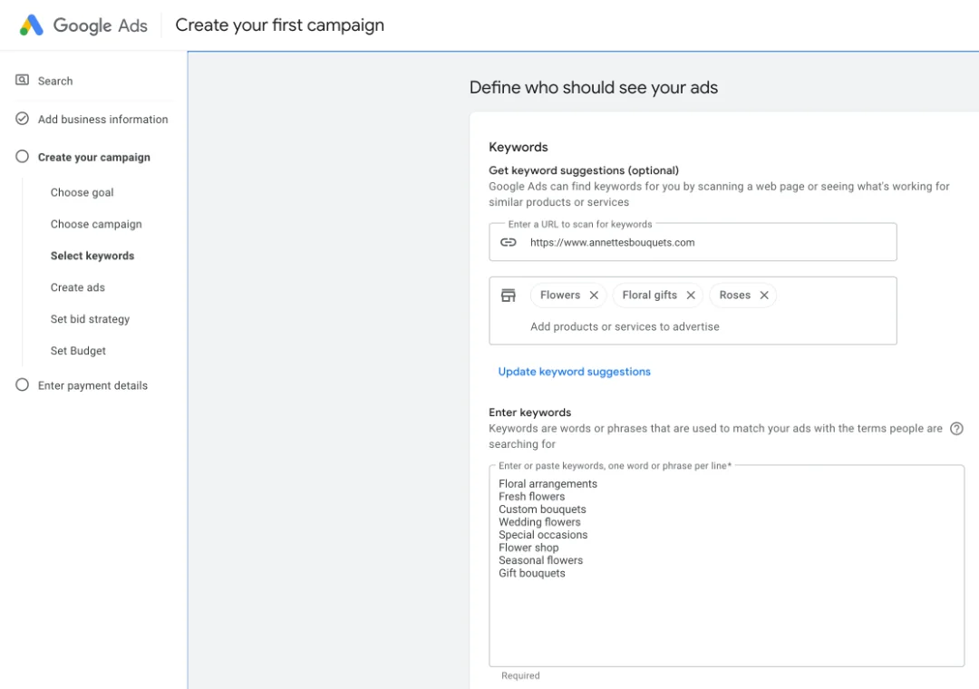 Google ads campaign - keywords