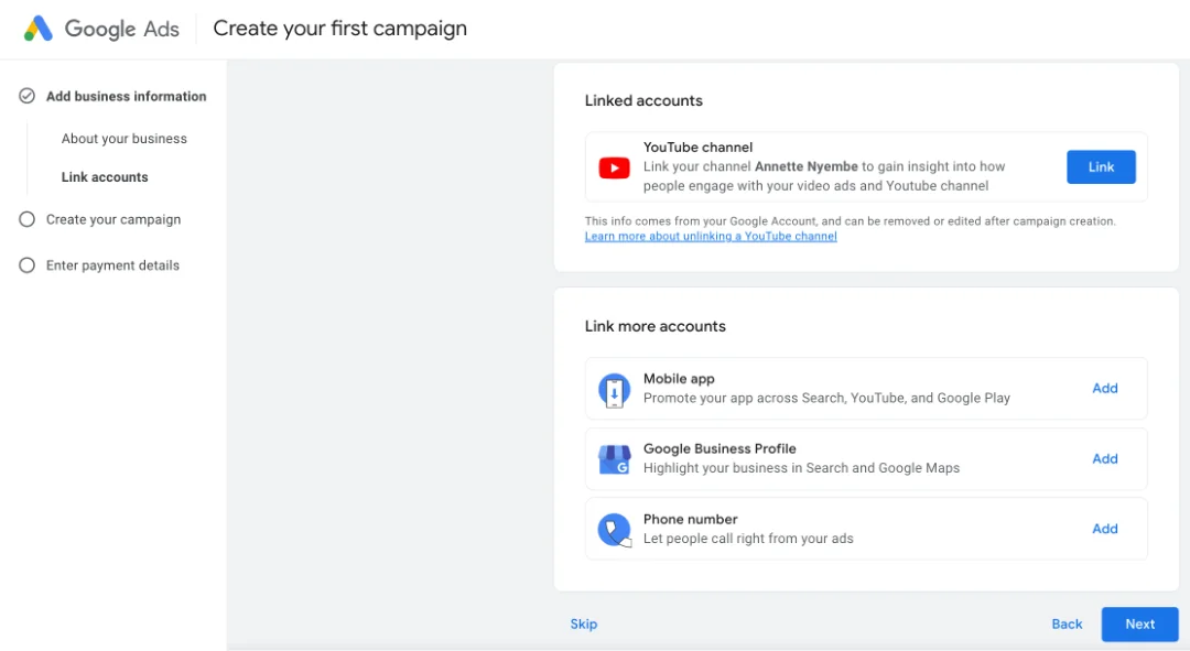 Google ads campaign - link accounts
