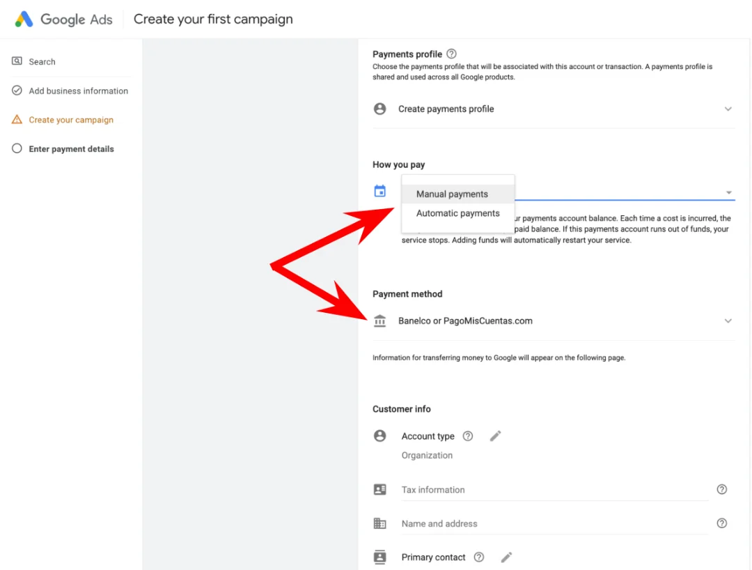 Google ads campaign - Payment details