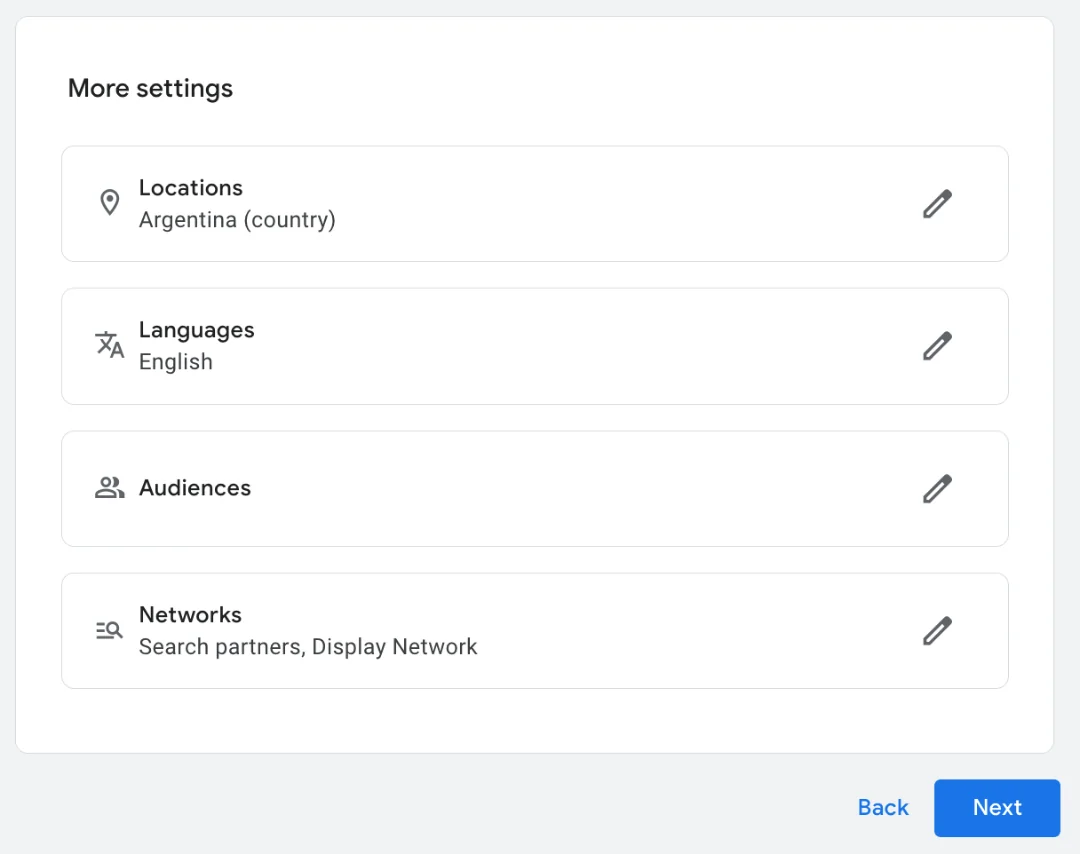 Google ads campaign - set language and location