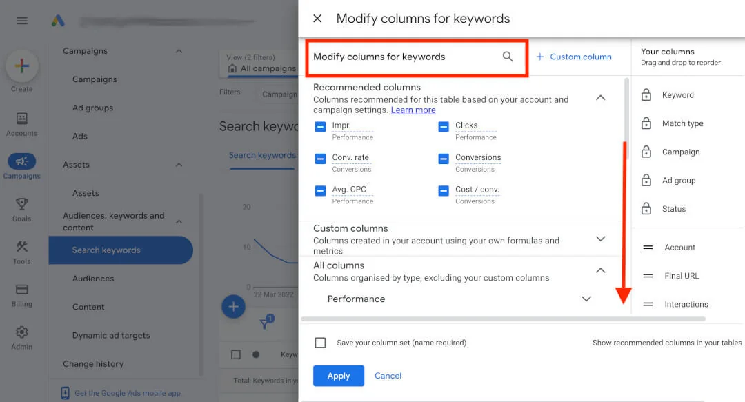 Google Ads 'Modify columns for keywords' popup, scrolled down to reach the Quality score metrics.