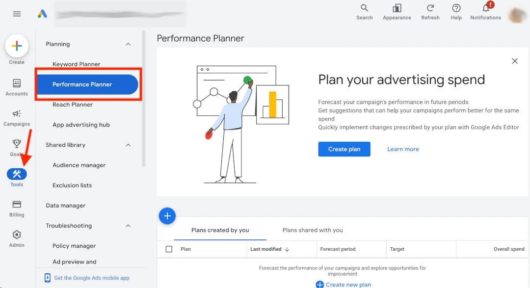 Google Ads Tools menu with Performance Planner selected to forecast campaign spend.