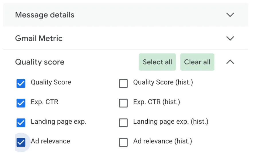 Google Ads Quality score column options, current metrics on the left and historical ones on the right.