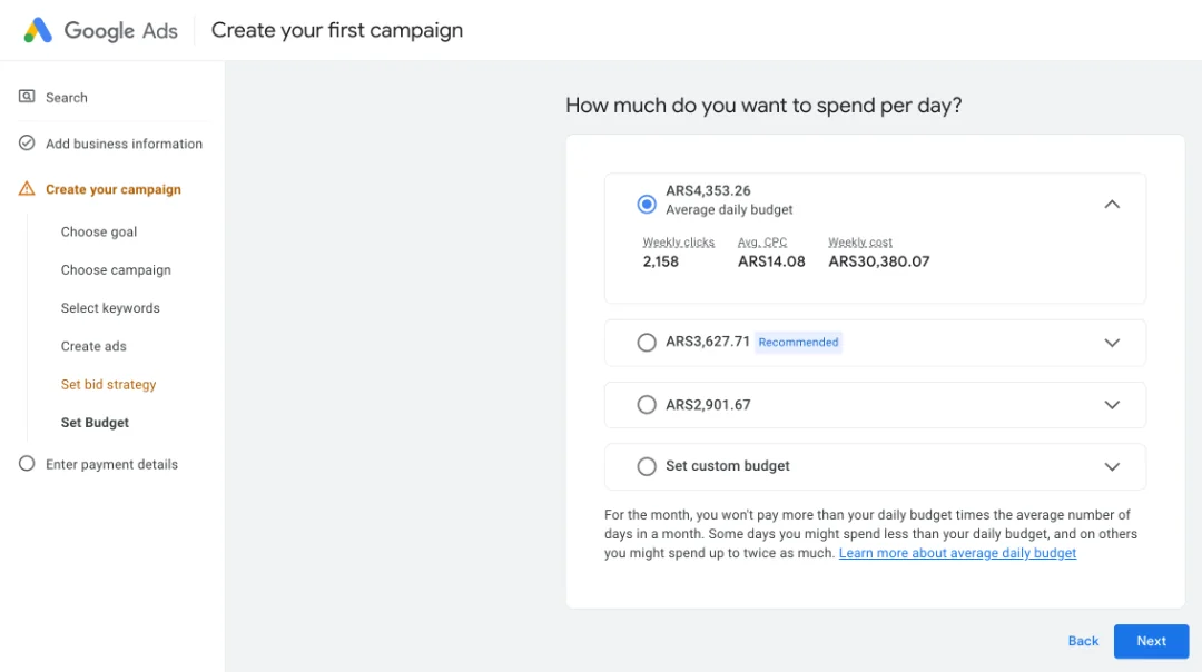 Google Ads campaign setup asking how much to spend per day, with suggested and custom budget options