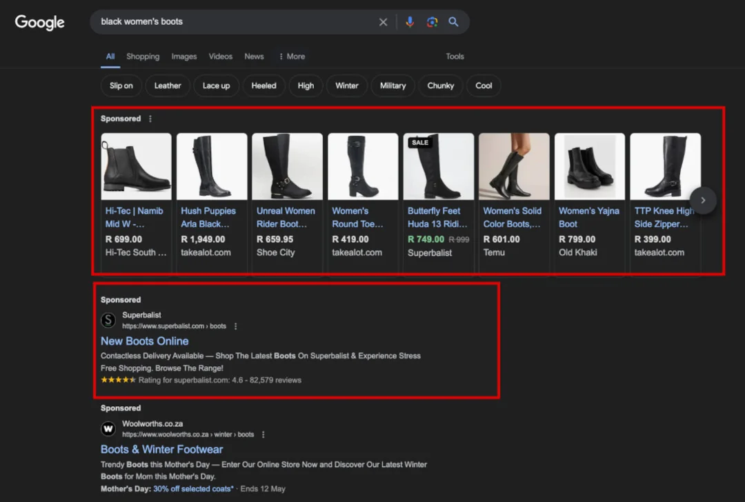 Google results for 'black women's boots' with the top sponsored shopping and text ads highlighted.