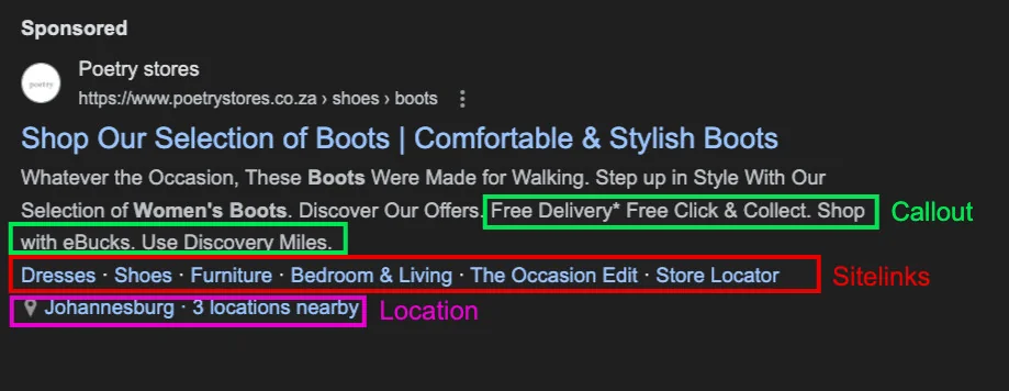 Google search ad labelled with its callout, sitelink, and location extensions.