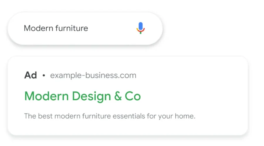 Google Search text ad example shown for the search 'modern furniture'.