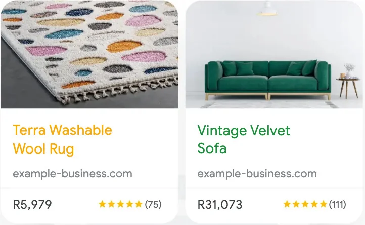 Google Shopping ad examples with product images, prices, and star ratings.