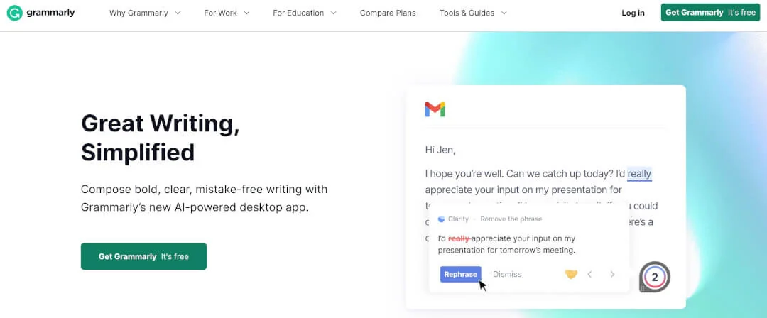 Grammarly homepage showing its AI writing suggestion rephrasing a sentence in an email.
