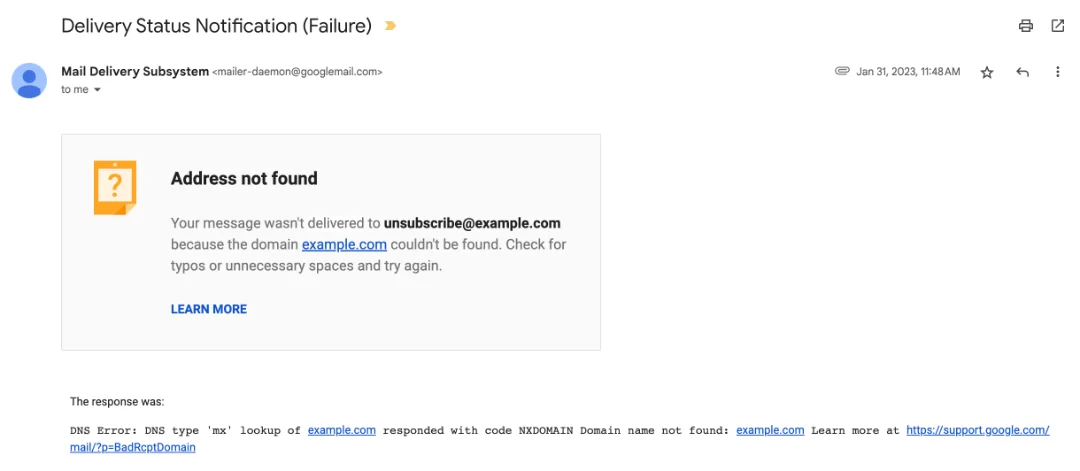 Hard bounce email example