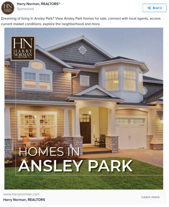 Harry Norman, Realtors Facebook ad for 'Homes in Ansley Park' showing a suburban house at dusk