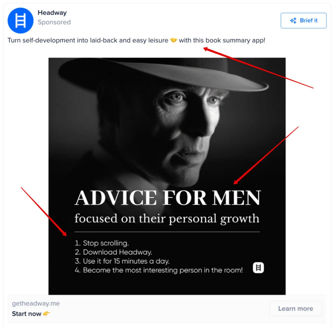 Headway ad headed 'Advice for men', with copy and an image aimed at men focused on personal growth.