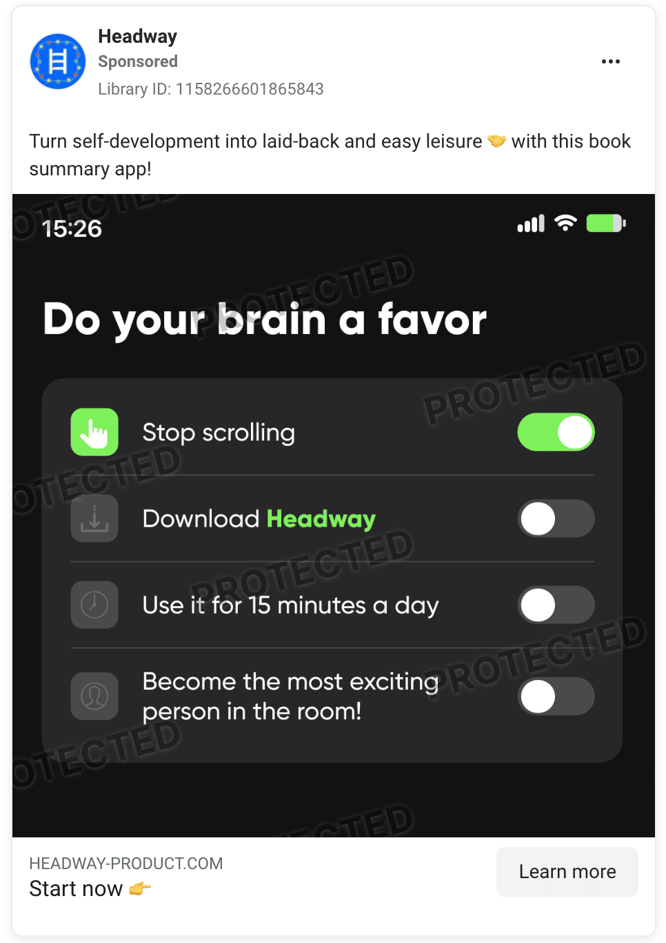 Headway ad styled as phone toggles under 'Do your brain a favor', with 'Stop scrolling' switched on.