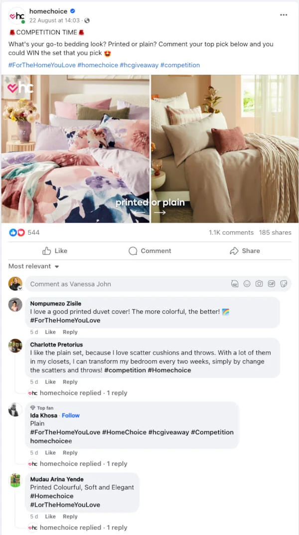 HomeChoice Facebook competition post where the brand replies to each follower's comment.
